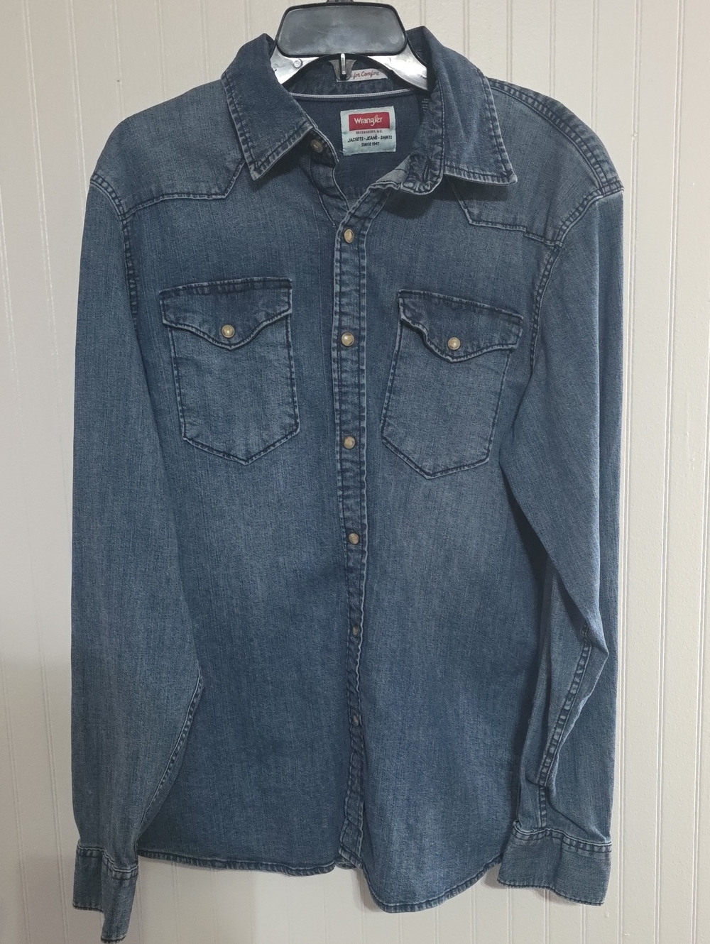 Large Wrangler Men's Denim Western Pearl Snap Shirt - Blue